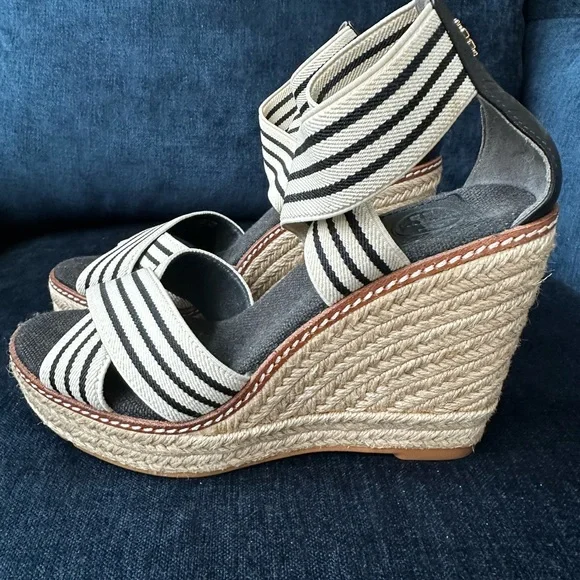 Tory Burch Black and White Wedge Espadrille Shoes - Picture 3 of 10